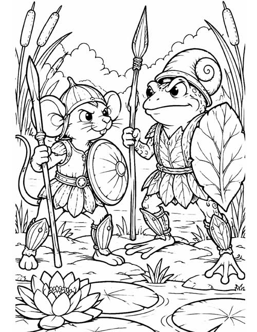 Coloring page of a mouse warrior and a frog warrior