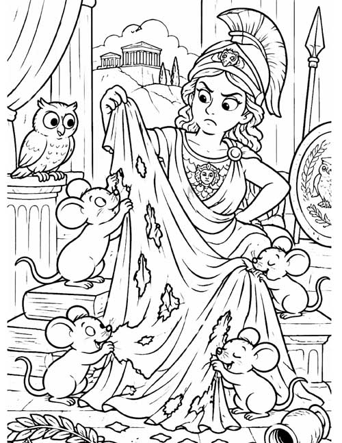 classic coloring page of the mice chewing holes in Athena's clothes