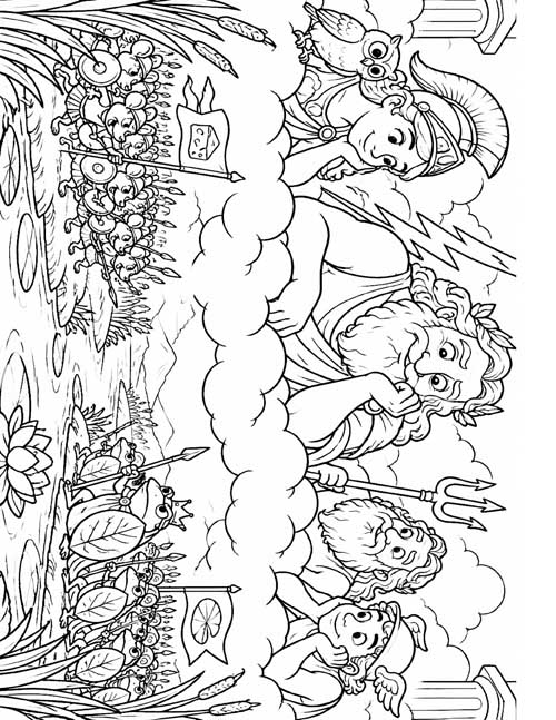 classic coloring page of the Greek gods looking down at the battle of frogs and mice