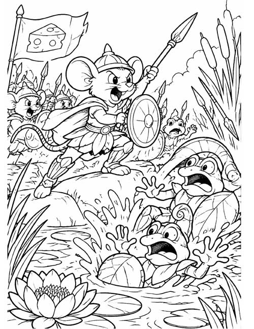 classic coloring page of the mice charge at the frogs