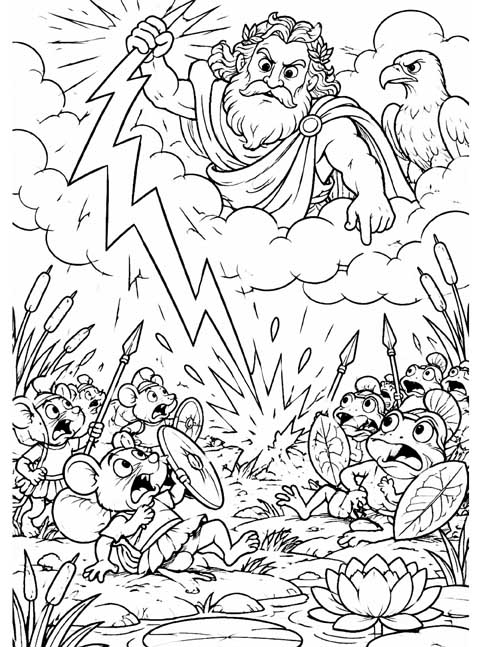classic coloring page of Zeus hurling a lightning bolt into the battle field