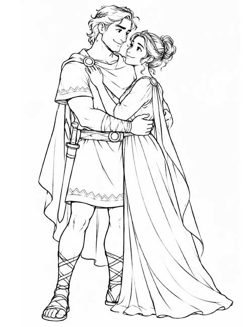 Sketch drawing coloring page of Odysseus hugging Penelope goodbye