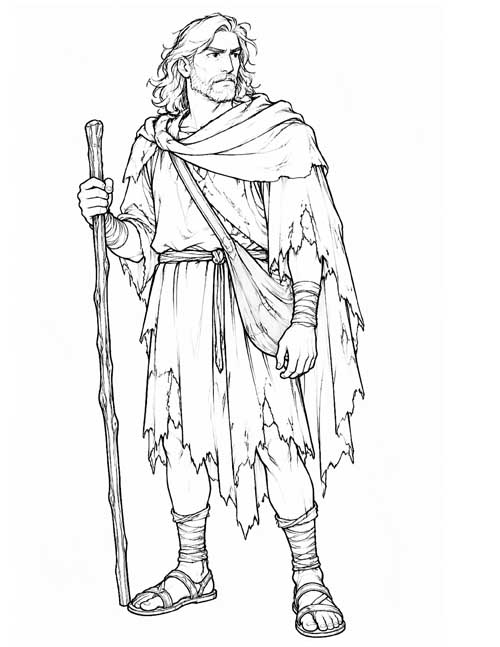 black and white sketch drawing of Odysseus at the end of his adventure