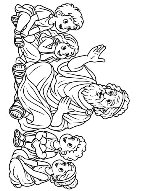 cartoon coloring page of Homer telling stories to a group of Greek children