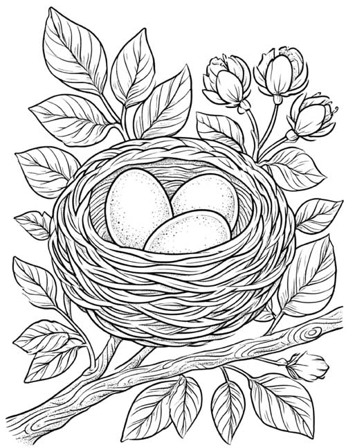 Coloring page of a bird's nest with three eggs on a branch