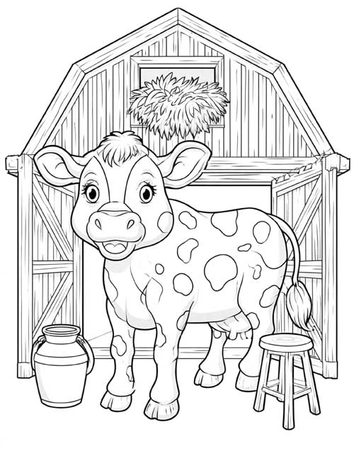 Coloring page of a cartoon cow standing in front of her barn