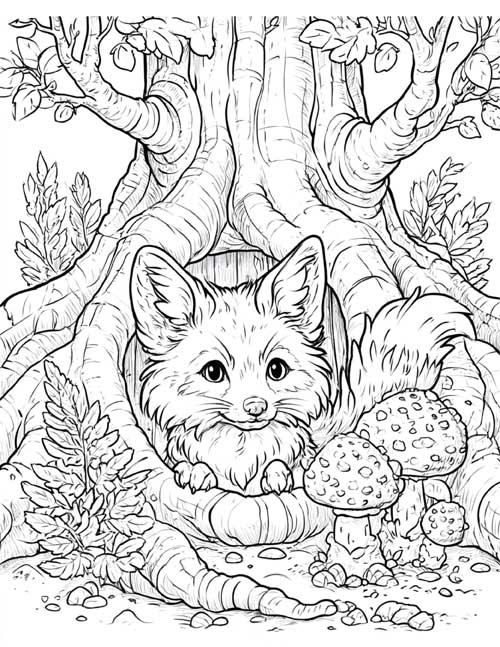 Coloring page of a fox peeking out of its den in the roots of a big tree
