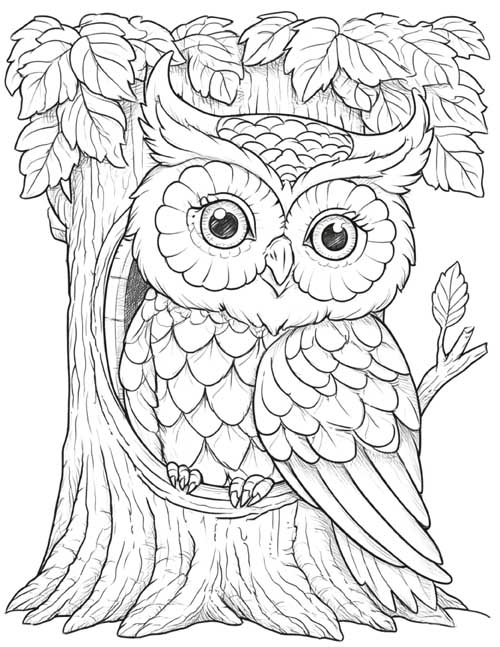 Coloring page of a cute owl sitting in a hollow in a tree trunk
