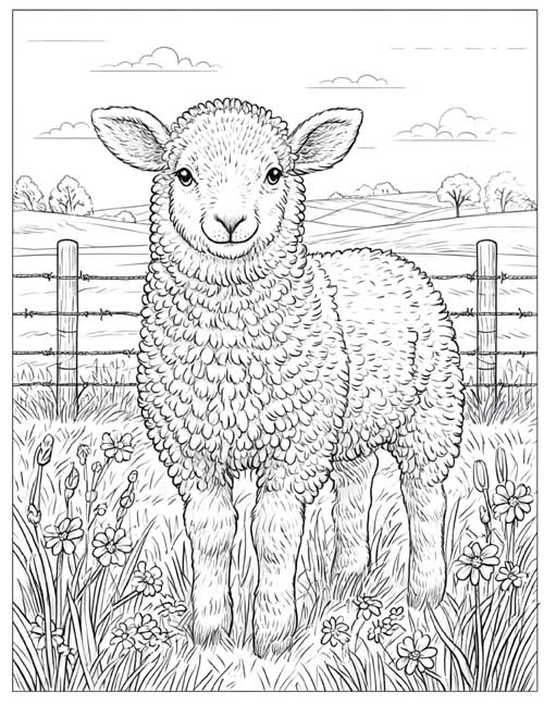 Coloring page of a lamb standing in a fenced field of wildflowers
