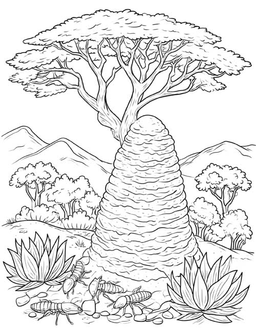 Coloring page of a tall termite mound under an acacia tree with termites at the base