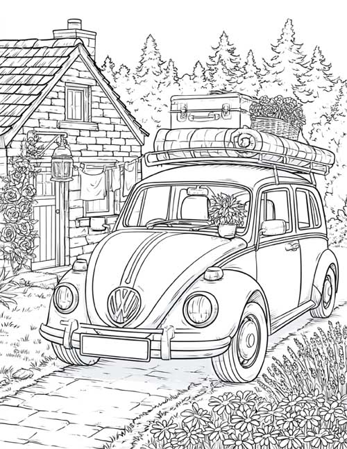 Coloring page of a vintage car packed for a trip in front of a stone cottage
