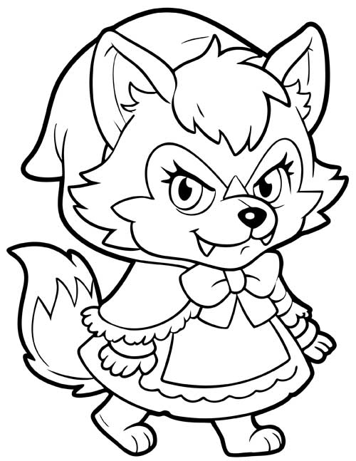 Preschool coloring page of the Big Bad Wolf in Grandma's bonnet and apron with a sly grin