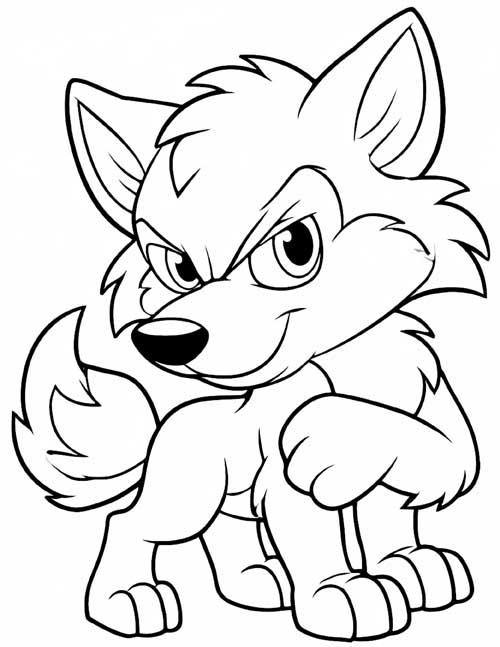 Preschool coloring page of a cute cartoon wolf