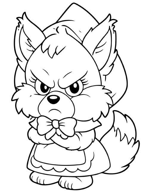 Preschool coloring page of a grumpy wolf dressed as Grandma with his arms crossed