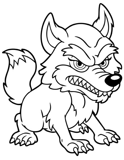 Preschool coloring page of a snarling cartoon wolf