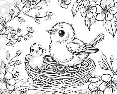 mother's day bird and chick in a nest coloring page
