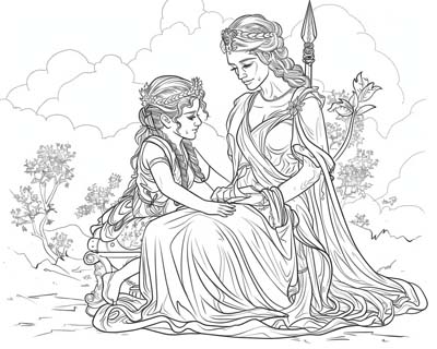 coloring page of Demeter and her daughter Persephone from Greek mythology