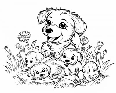 dog and her puppies coloring page