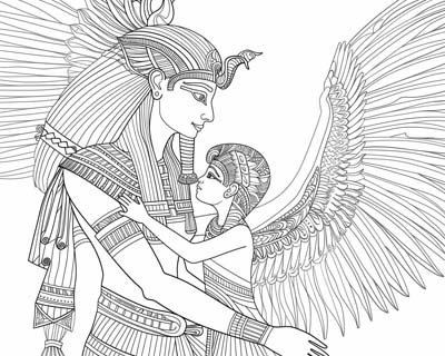 coloring page of Isis and her son Horus from Egyptian mythology