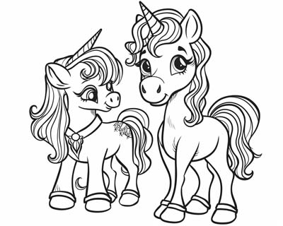 unicorn and her foal coloring page