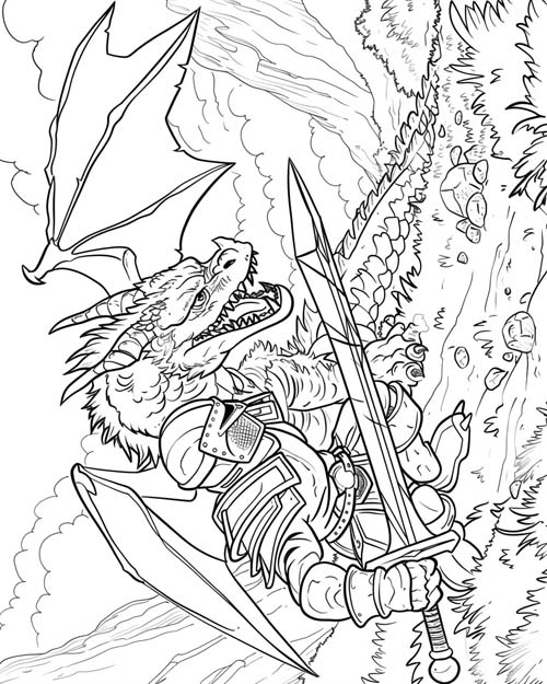 coloring page of Saint George battling a dragon