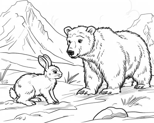 coloring page of a polar bear and an arctic hare