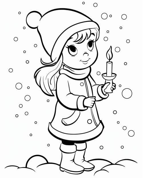 winter solstice coloring page of a girl with a solstice candle