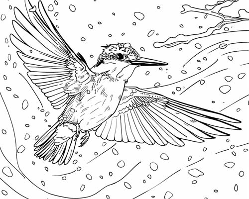 coloring page of a kingfisher flying through the snow