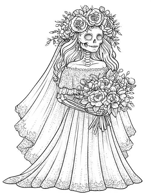 Detailed coloring page of a skeleton Catrina with a crown of roses and a long lace veil