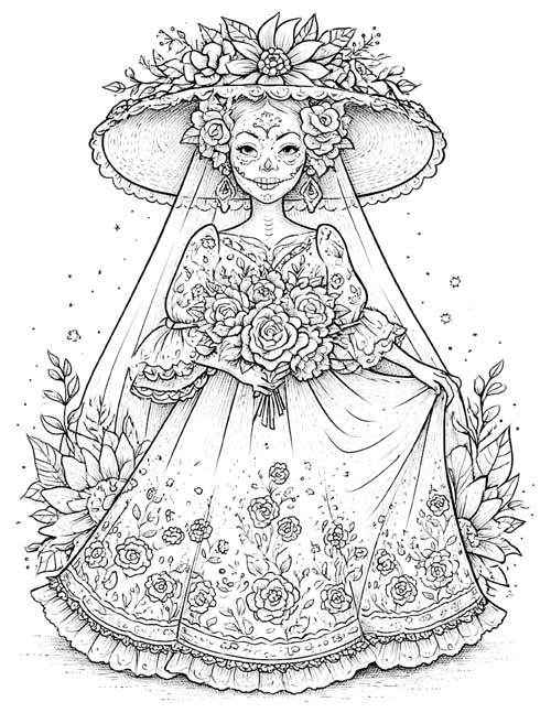 Detailed coloring page of La Catrina in a flower-covered hat and veil, holding a bouquet of roses