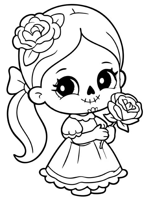 Coloring page of a cute little Catrina girl with a ponytail holding a rose