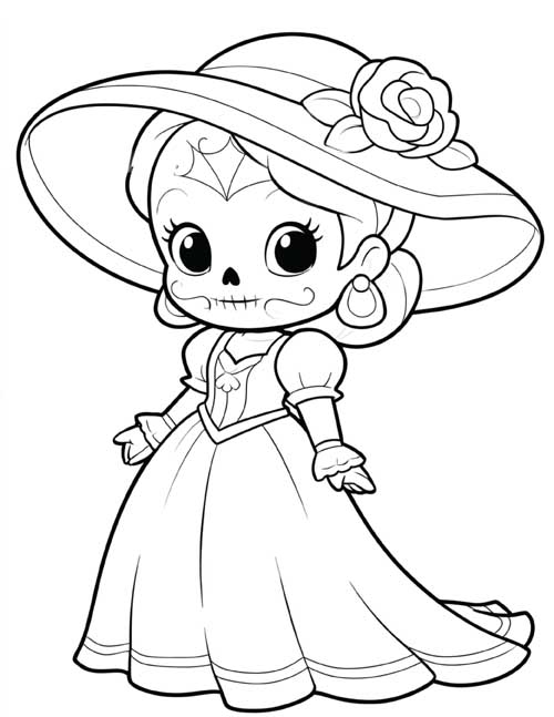 Coloring page of an elegant little Catrina in a big hat with a rose and a long gown