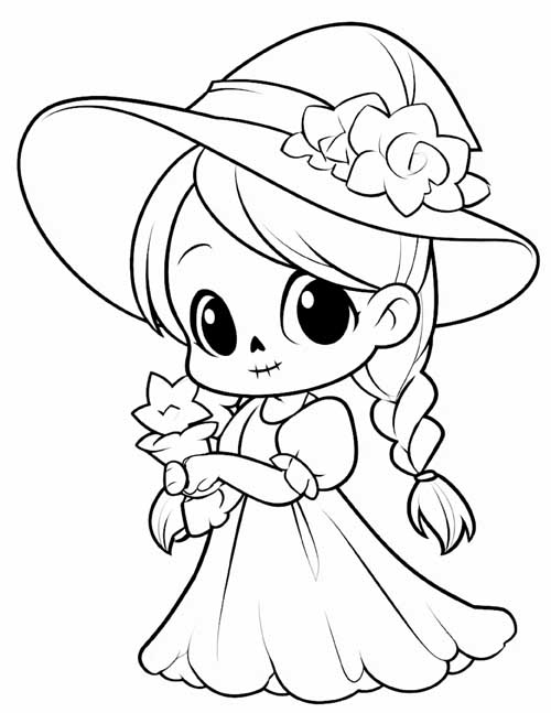 Coloring page of a cute Catrina girl with braids in a wide flowered hat holding a flower