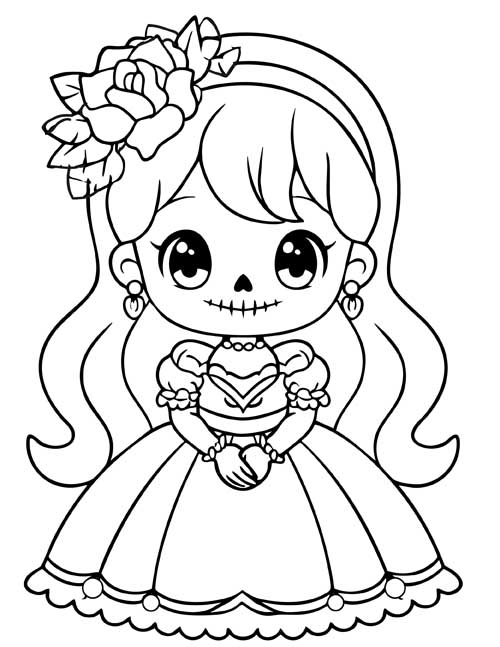 Coloring page of a cute Catrina with long wavy hair and a rose, wearing a ball gown
