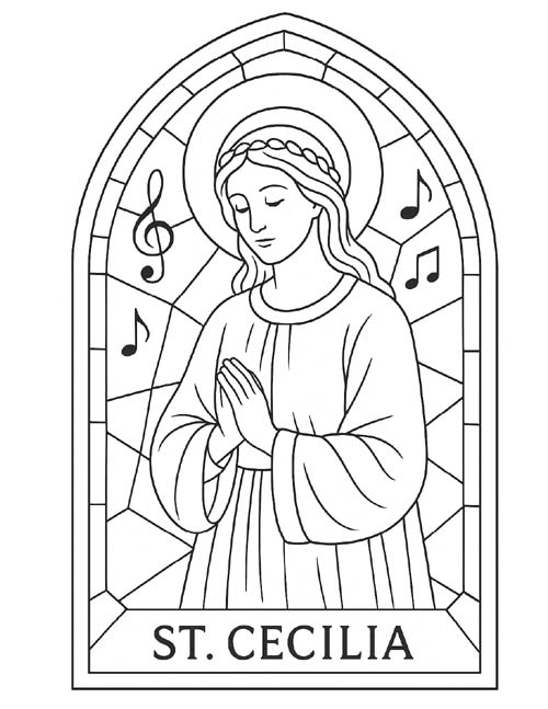 stained glass coloring page of St. Cecilia