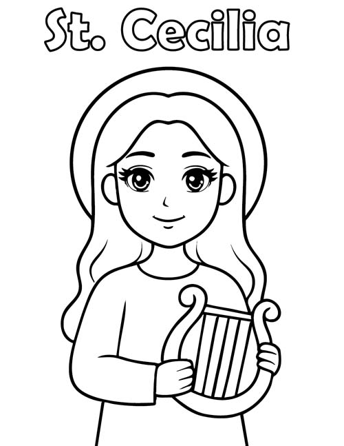 simple coloring page of St. Cecilia with a small harp