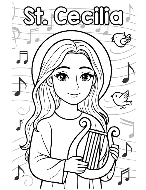 simple coloring page of St. Cecilia with a music