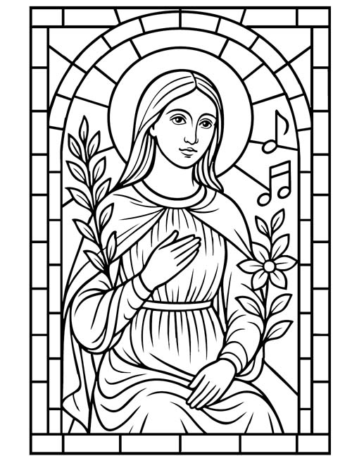 stained glass coloring page of St. Cecilia