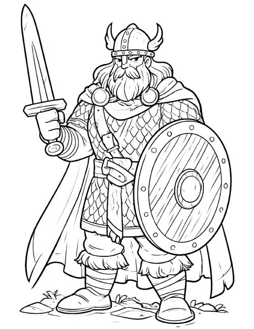 coloring page of Beowulf with sword and shield
