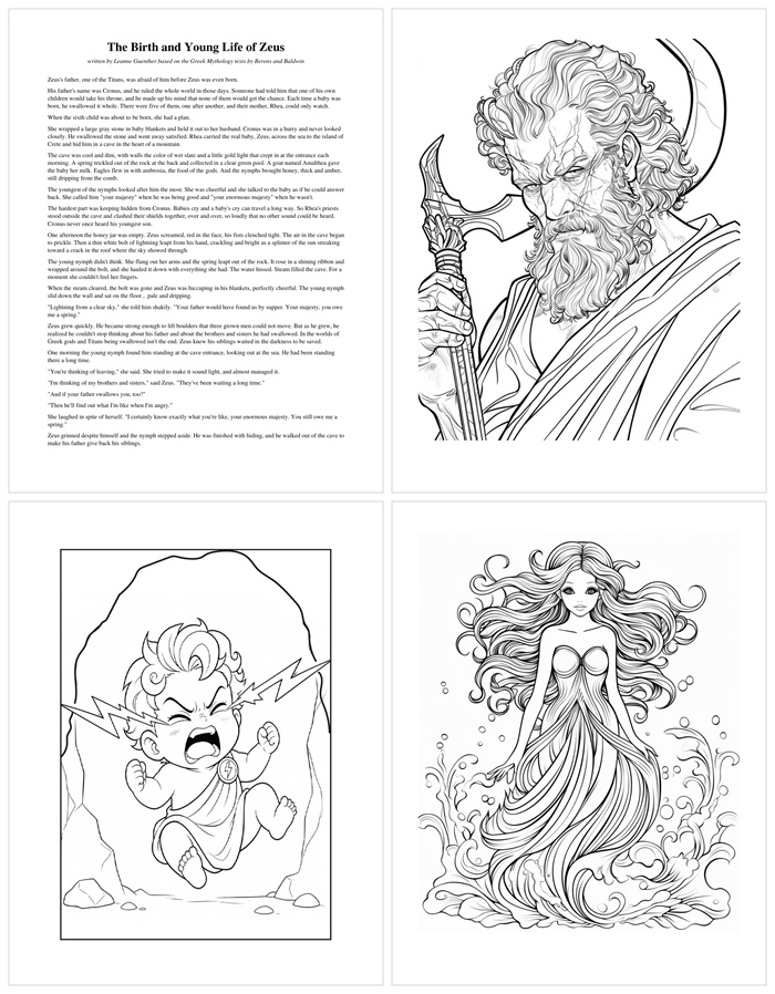 pdf package with Greek mythology story and coloring pages for the story of Adonis
