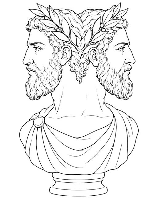 Detailed coloring page of a marble bust of Janus with two bearded faces and a laurel wreath