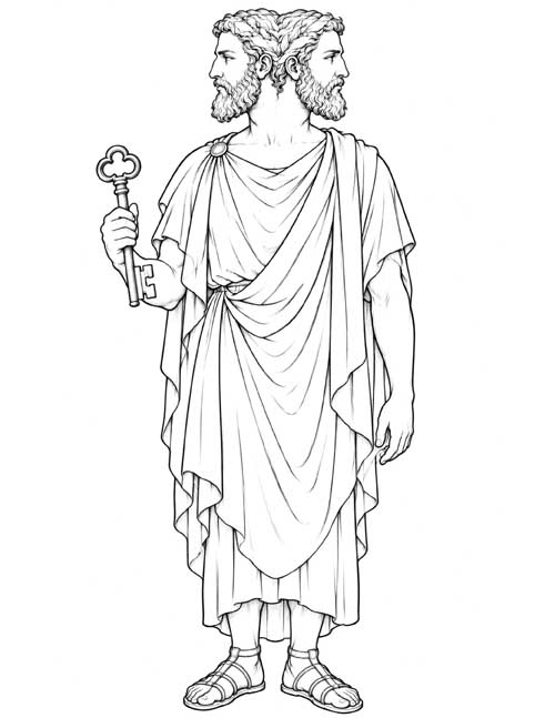 Detailed coloring page of Janus in a toga holding a large key