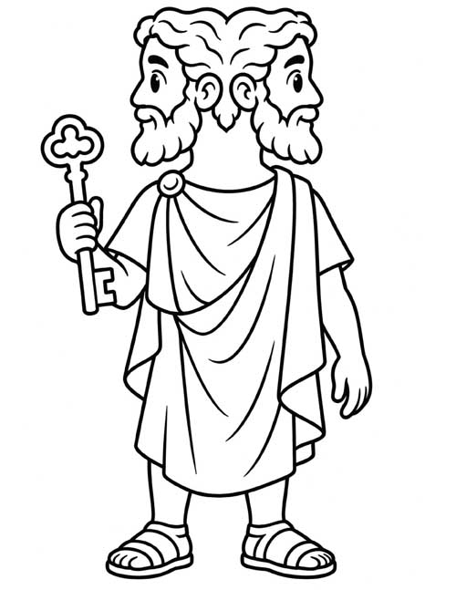 Simple coloring page of the two-faced Roman god Janus holding a key