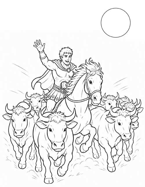 simple, classic coloring page of Hercules wrangling the cattle of Geryon