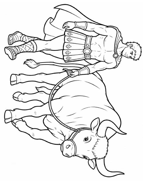 simple, classic coloring page of Hercules leading the Cretan Bull