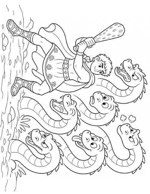 coloring page of Hercules fighting the many-headed hydra