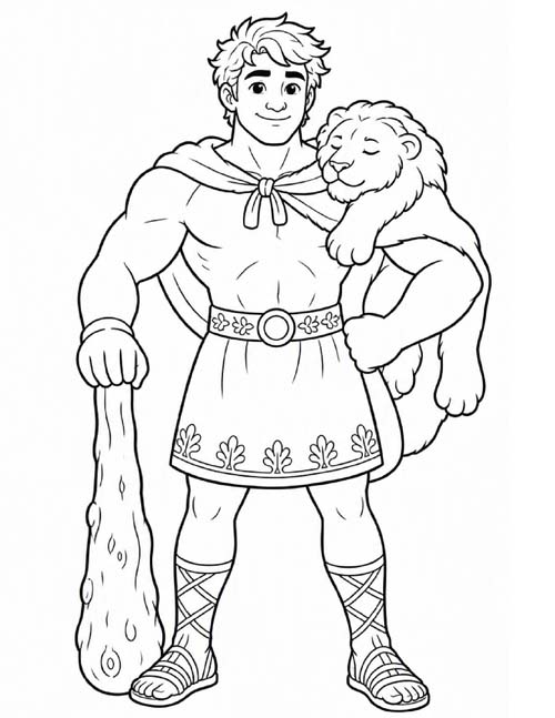 coloring page of Hercules wearing the lion skin and holding his club