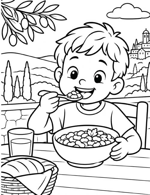 preschool coloring page of and Italian boy eating beans