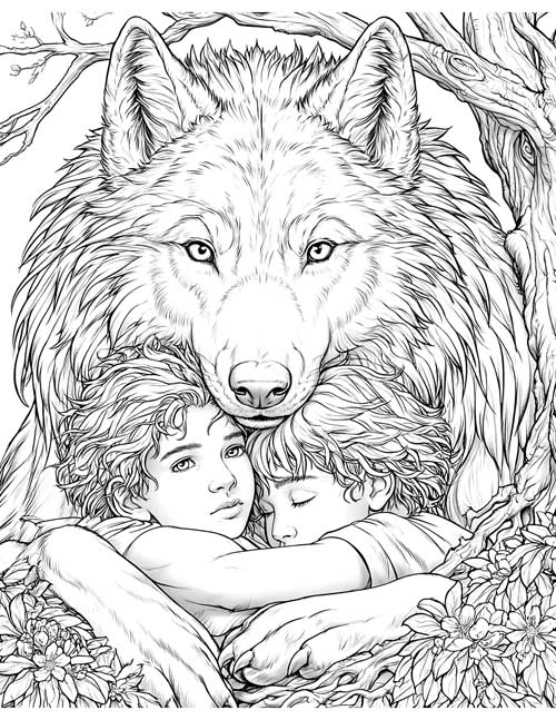 Detailed coloring page of Romulus and Remus hugging their she-wolf