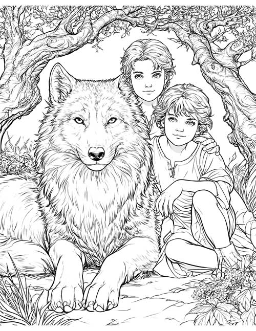 Detailed coloring page of two boys sitting with a she-wolf under twisted trees